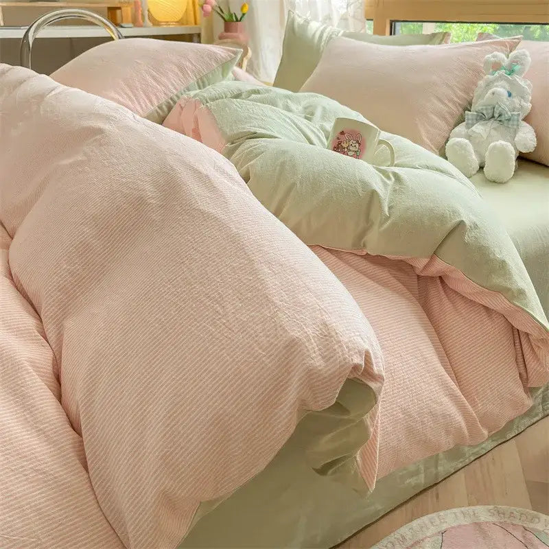 Olive & cream cotton striped bedding set bedroom duvet cover