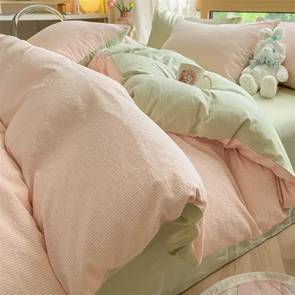 Olive & cream cotton striped bedding set bedroom duvet cover