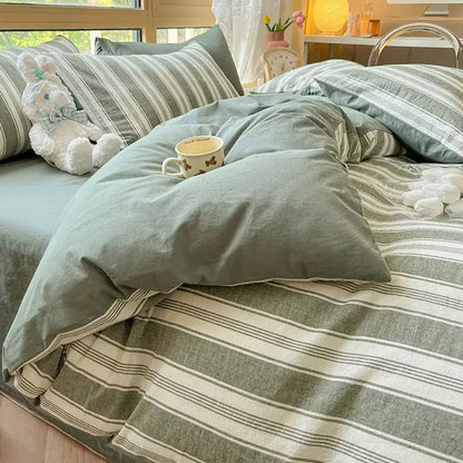 Olive & cream cotton striped bedding set bedroom duvet cover