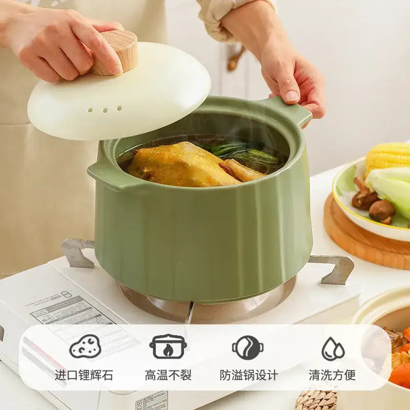 Olive green and white ceramic gas stove rice casserole pot kitchen