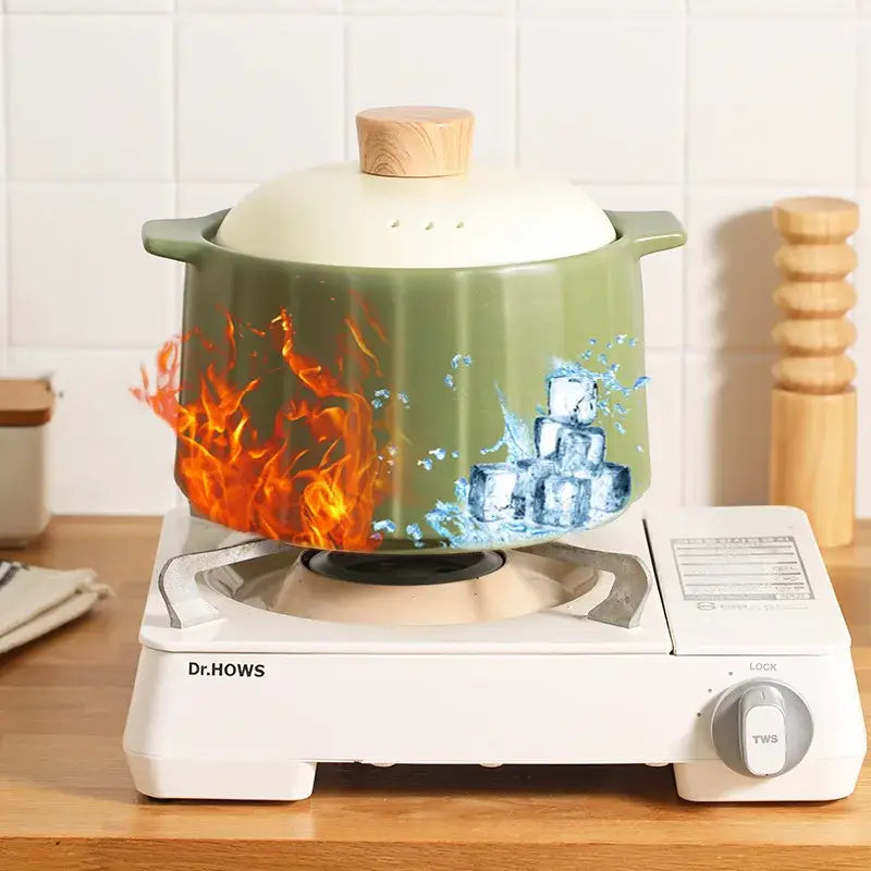 Olive green and white ceramic gas stove rice casserole pot kitchen