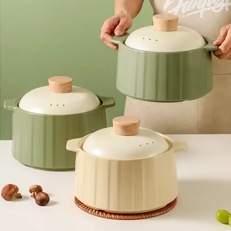 Olive green and white ceramic gas stove rice casserole pot kitchen