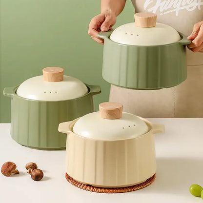 Olive green and white ceramic gas stove rice casserole pot kitchen