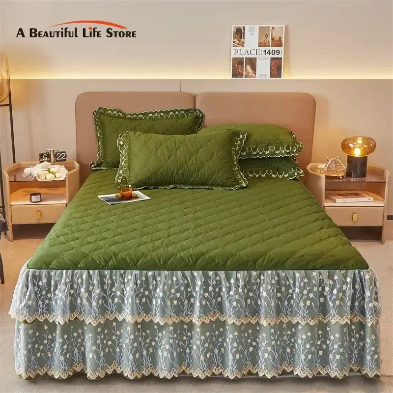 Olive green and white floral quilted bed skirt set bedroom lace trim