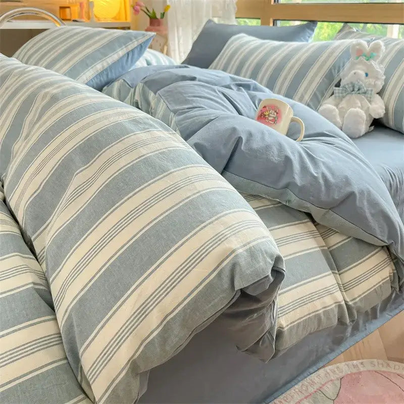 Olive green & cream cozy striped cotton bedding set bedroom quilt kit
