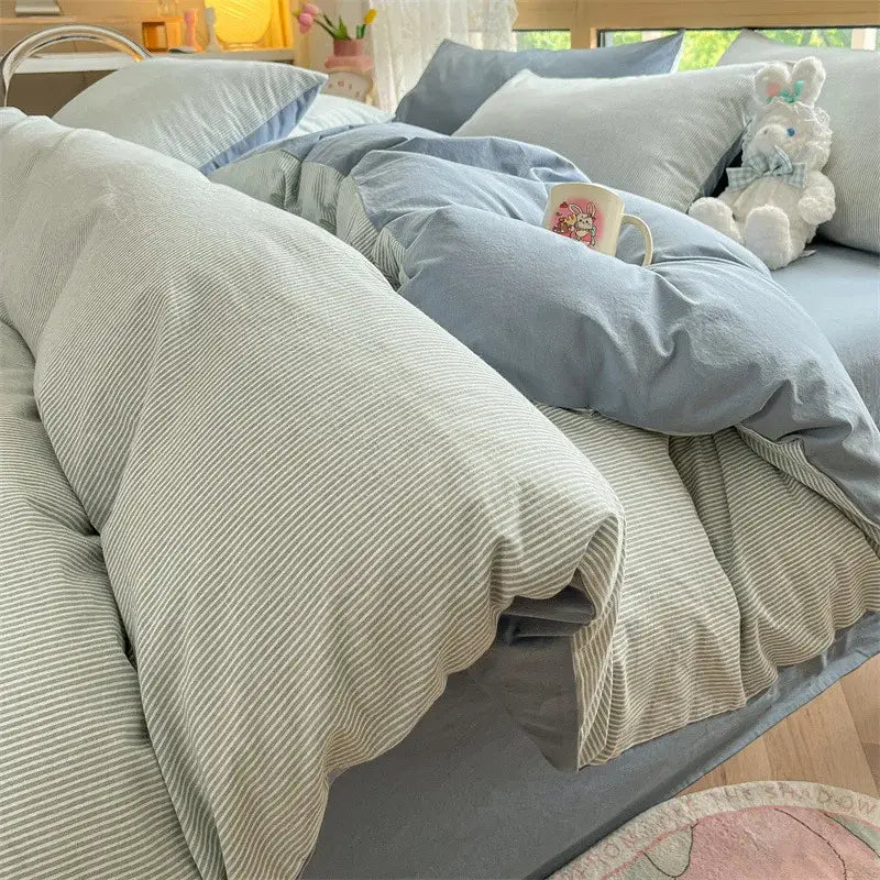 Olive green & cream cozy striped cotton bedding set bedroom quilt kit