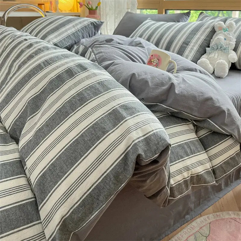 Olive green & cream cozy striped cotton bedding set bedroom quilt kit