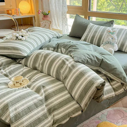 Olive green & cream cozy striped cotton bedding set bedroom quilt kit