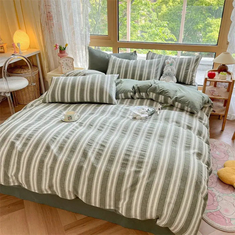 Olive green & cream cozy striped cotton bedding set bedroom quilt kit