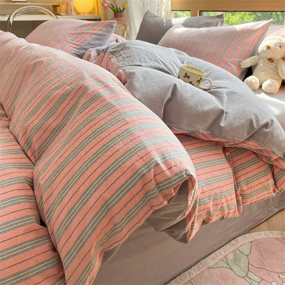 Olive green & cream cozy striped cotton bedding set bedroom quilt kit