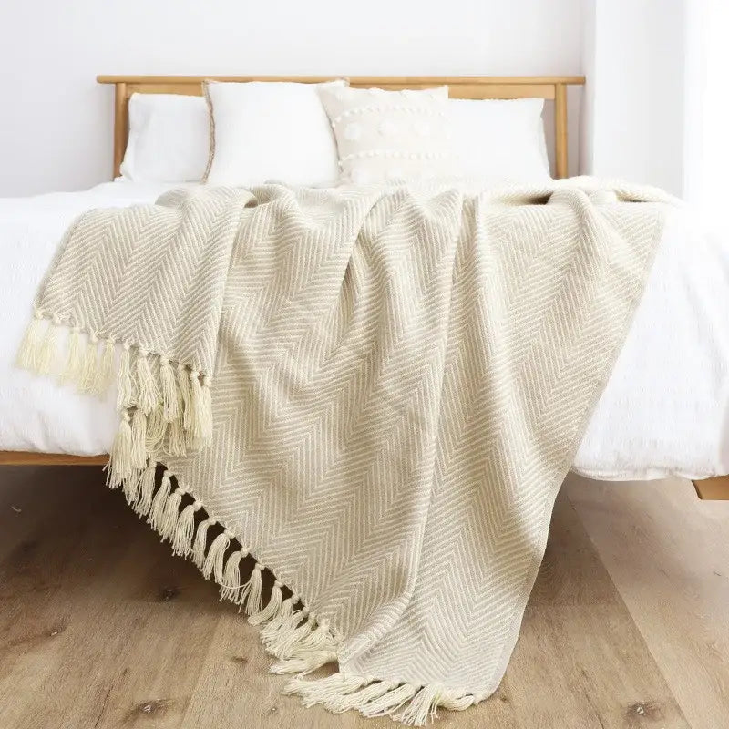 Olive green & cream geometric knitted blanket living room throw