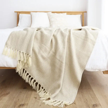 Olive green & cream geometric knitted blanket living room throw
