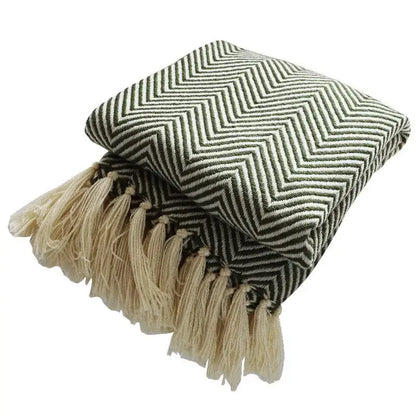 Olive green & cream geometric knitted blanket living room throw