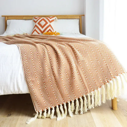 Olive green & cream geometric knitted blanket living room throw