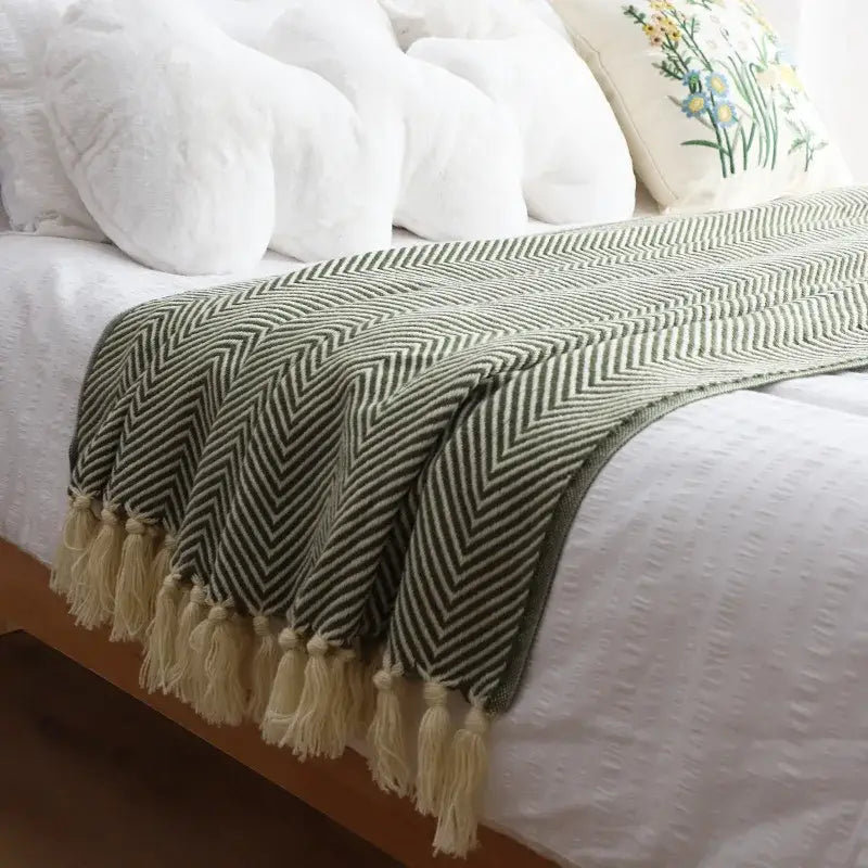 Olive green & cream geometric knitted blanket living room throw