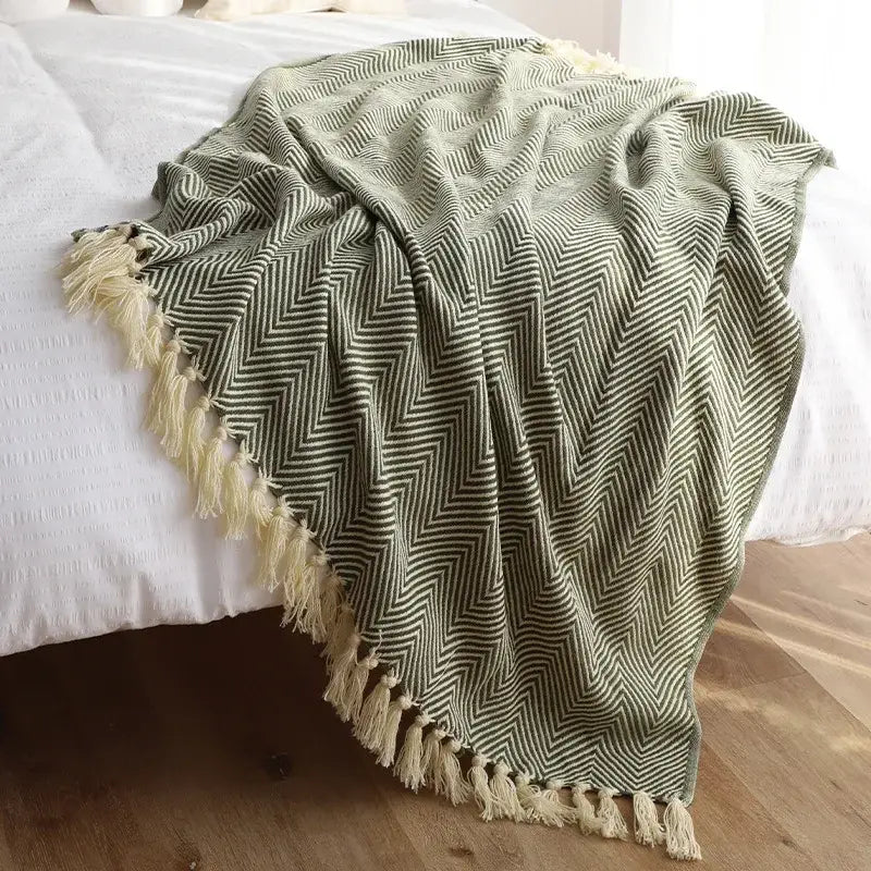 Olive green & cream geometric knitted blanket living room throw