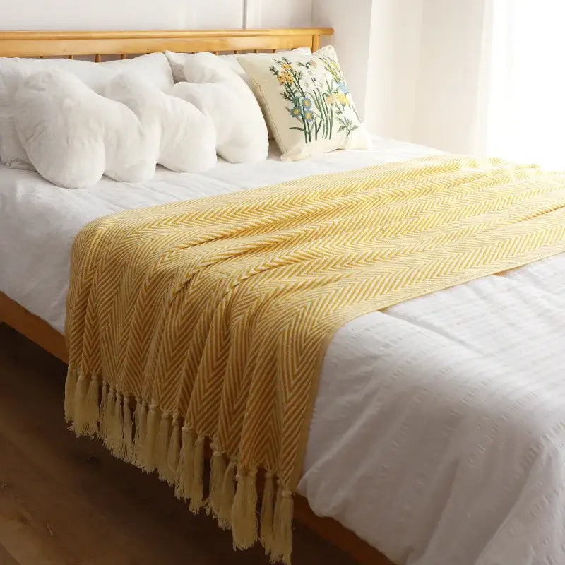 Olive green & cream geometric knitted blanket living room throw