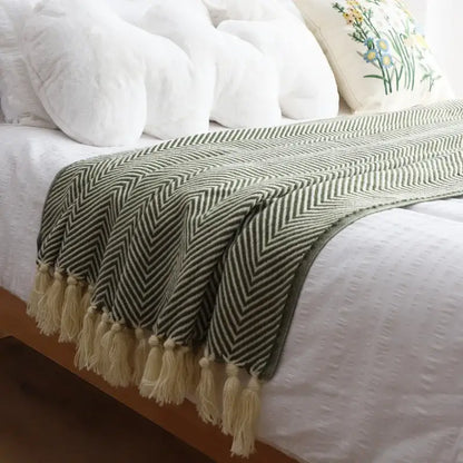 Olive green & cream geometric knitted blanket living room throw