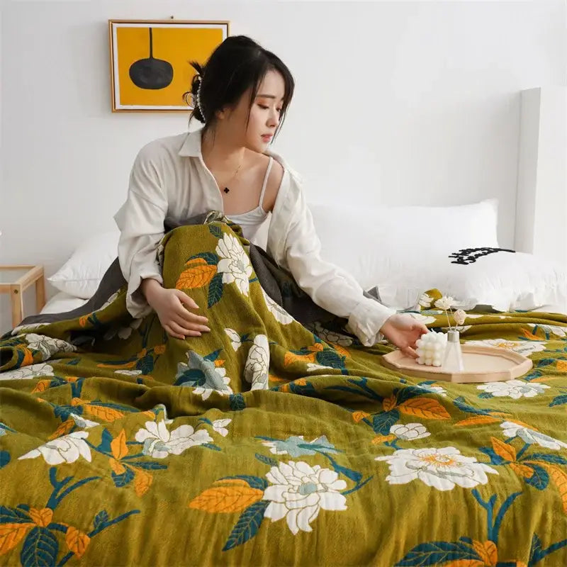 Olive green floral cotton gauze plaid blanket bedroom throw