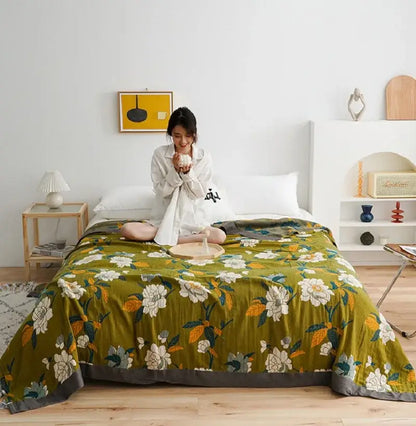 Olive green floral cotton gauze plaid blanket bedroom throw