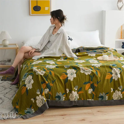 Olive green floral cotton gauze plaid blanket bedroom throw