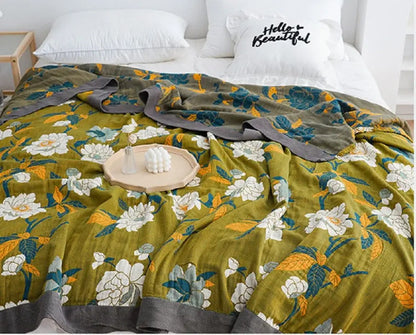 Olive green floral cotton gauze plaid blanket bedroom throw