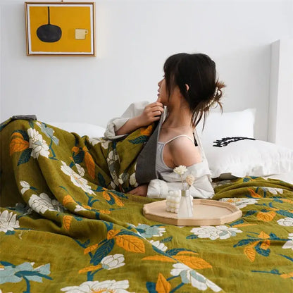 Olive green floral cotton gauze plaid blanket bedroom throw