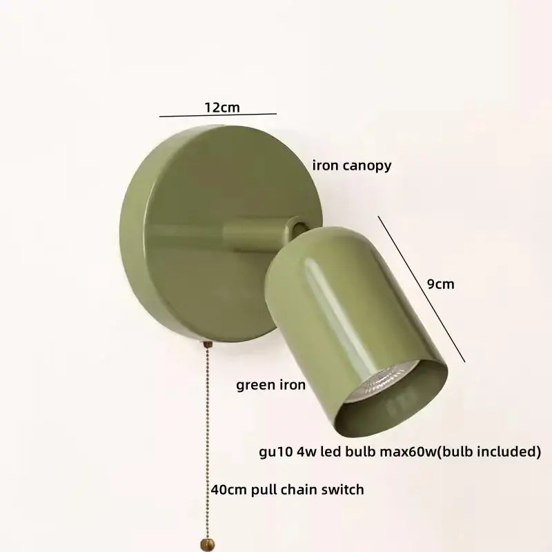 Olive green metal led wall sconce with pull chain for stairwell