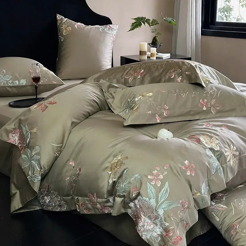 Olive green satin cotton flowers embroidery bedding set bedroom