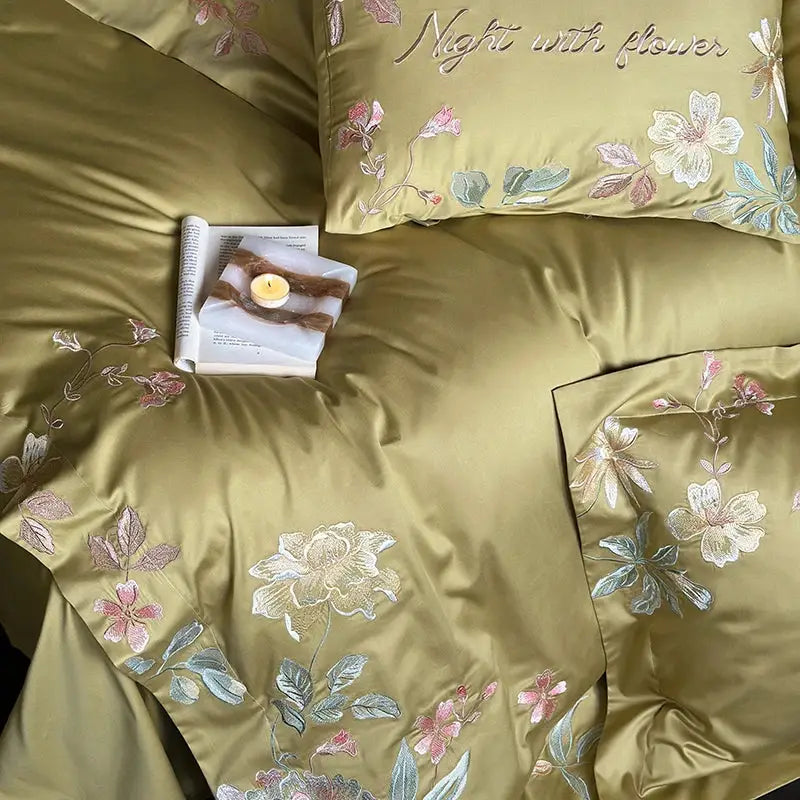 Olive green satin cotton flowers embroidery bedding set bedroom