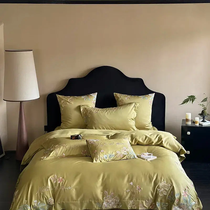 Olive green satin cotton flowers embroidery bedding set bedroom