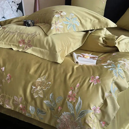 Olive green satin cotton flowers embroidery bedding set bedroom