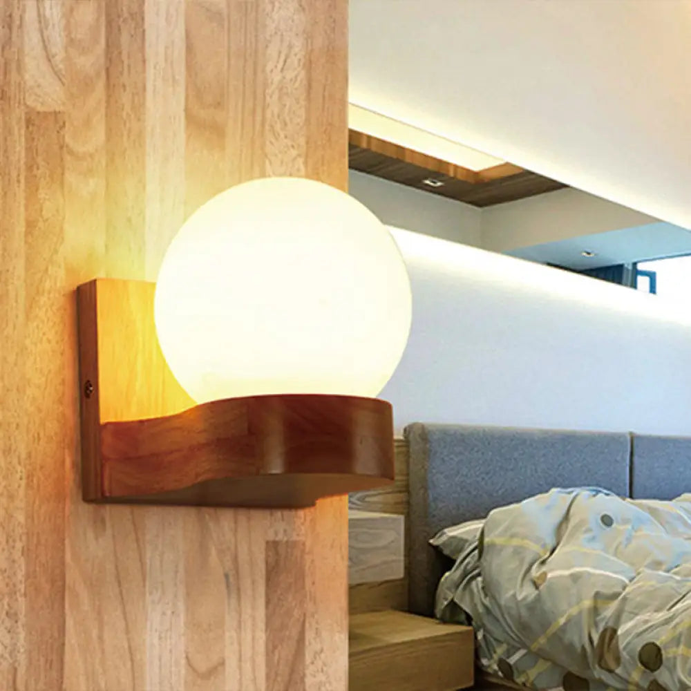 DecorBites™ Opal Glass 1-Light Nordic Wall Sconce - Ball Shape, Wood Fixture