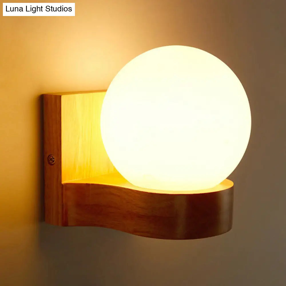 DecorBites™ Opal Glass 1-Light Nordic Wall Sconce - Ball Shape, Wood Fixture