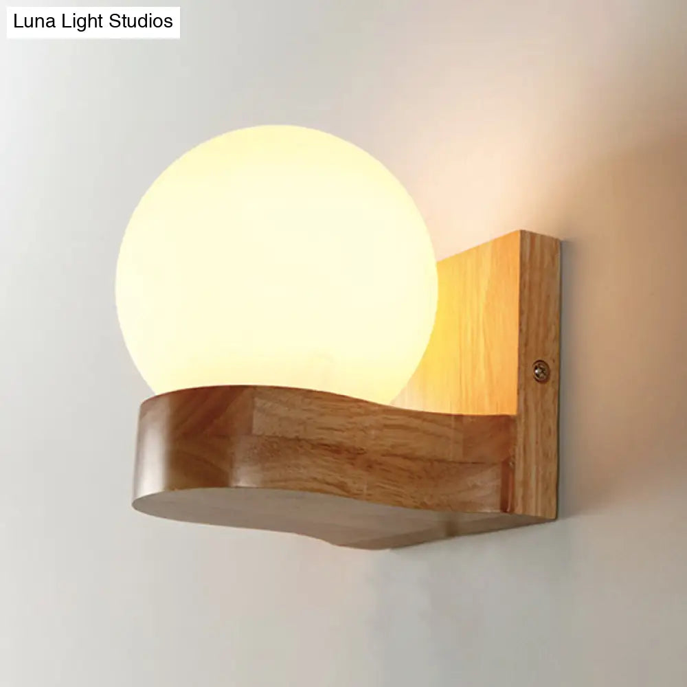 DecorBites™ Opal Glass 1-Light Nordic Wall Sconce - Ball Shape, Wood Fixture