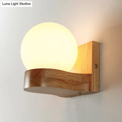 DecorBites™ Opal Glass 1-Light Nordic Wall Sconce - Ball Shape, Wood Fixture