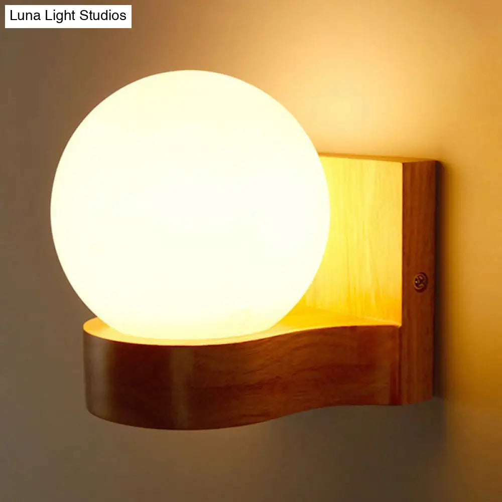 DecorBites™ Opal Glass 1-Light Nordic Wall Sconce - Ball Shape, Wood Fixture