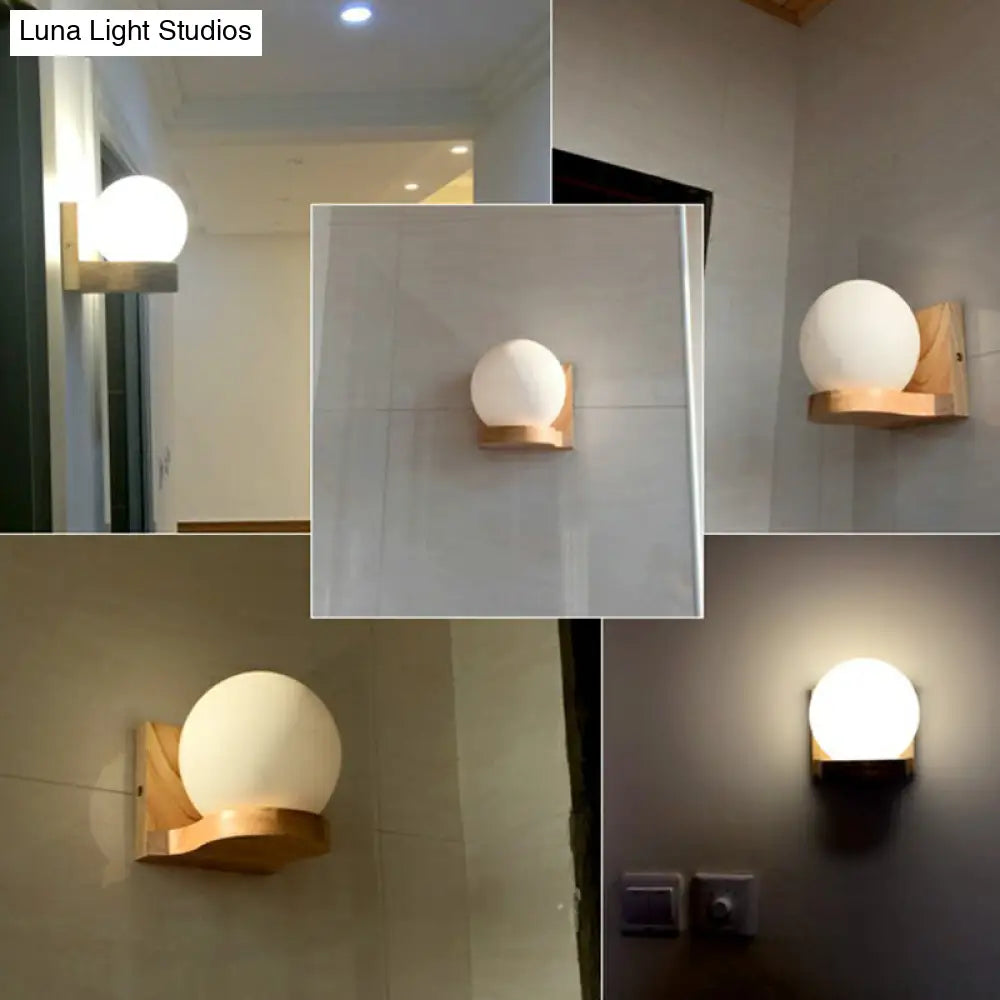 DecorBites™ Opal Glass 1-Light Nordic Wall Sconce - Ball Shape, Wood Fixture
