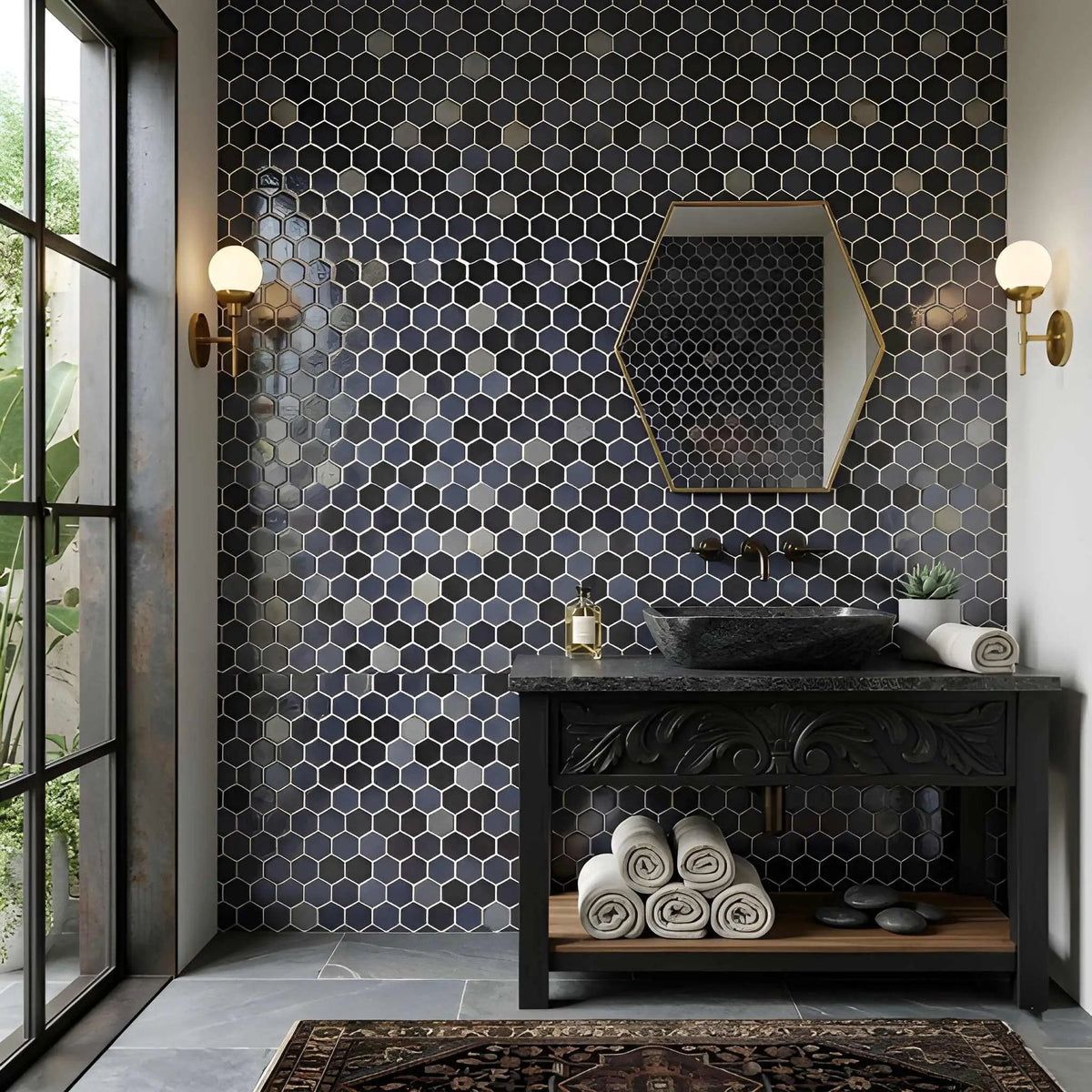 Opalo Black Multi Finish Hexagon Glass Mosaics 11 3/4x11 1/2