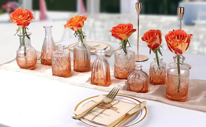 Vintage rose gold and orange glass bud vases wedding dining room decor
