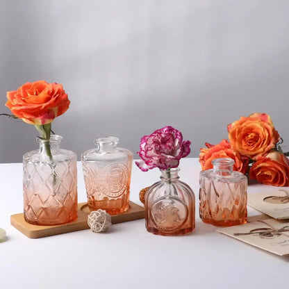 Vintage rose gold and orange glass bud vases wedding dining room decor