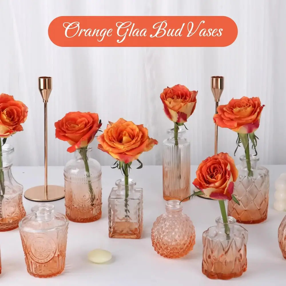 Vintage rose gold and orange glass bud vases wedding dining room decor