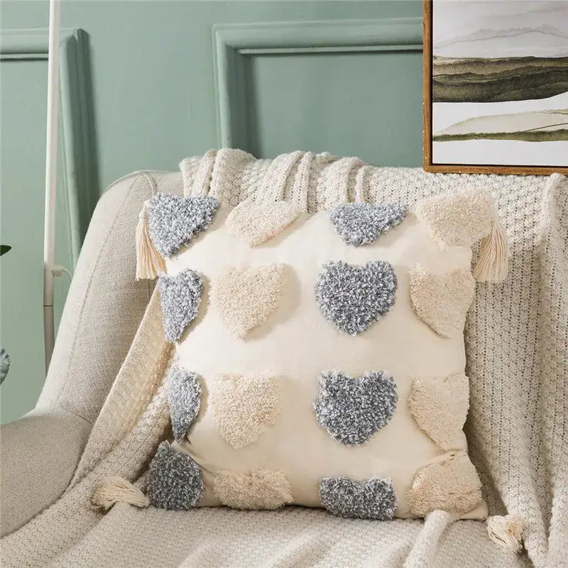 Orange & grey heart embroidery cushion cover living room tassels