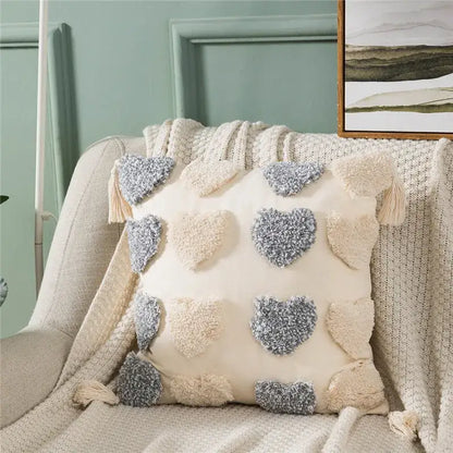 Orange & grey heart embroidery cushion cover living room tassels