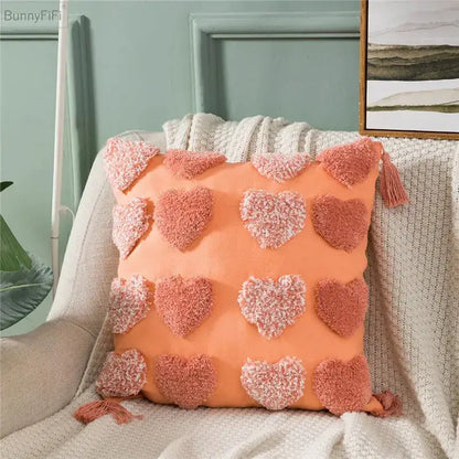 Orange & grey heart embroidery cushion cover living room tassels