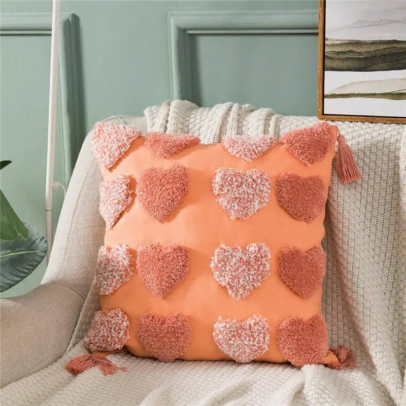 Orange & grey heart embroidery cushion cover living room tassels
