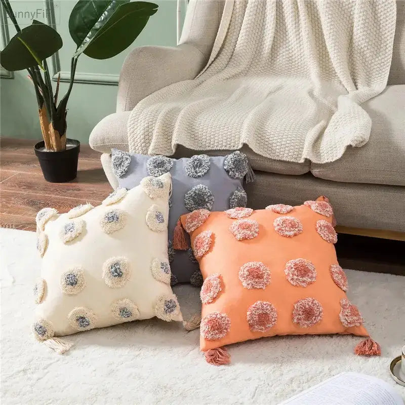 Orange & grey heart embroidery cushion cover living room tassels