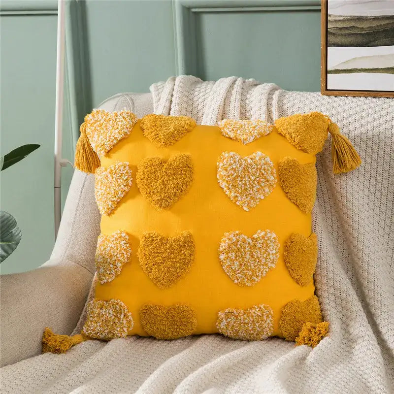 Orange & grey heart embroidery cushion cover living room tassels