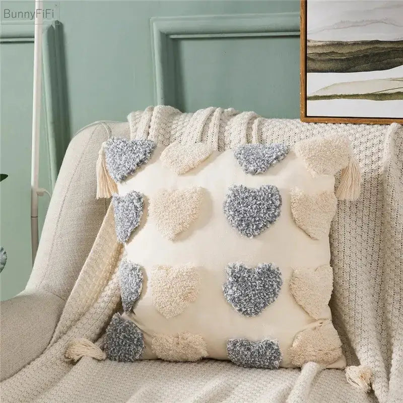 Orange & grey heart embroidery cushion cover living room tassels
