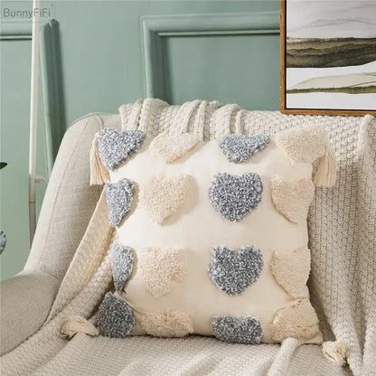 Orange & grey heart embroidery cushion cover living room tassels